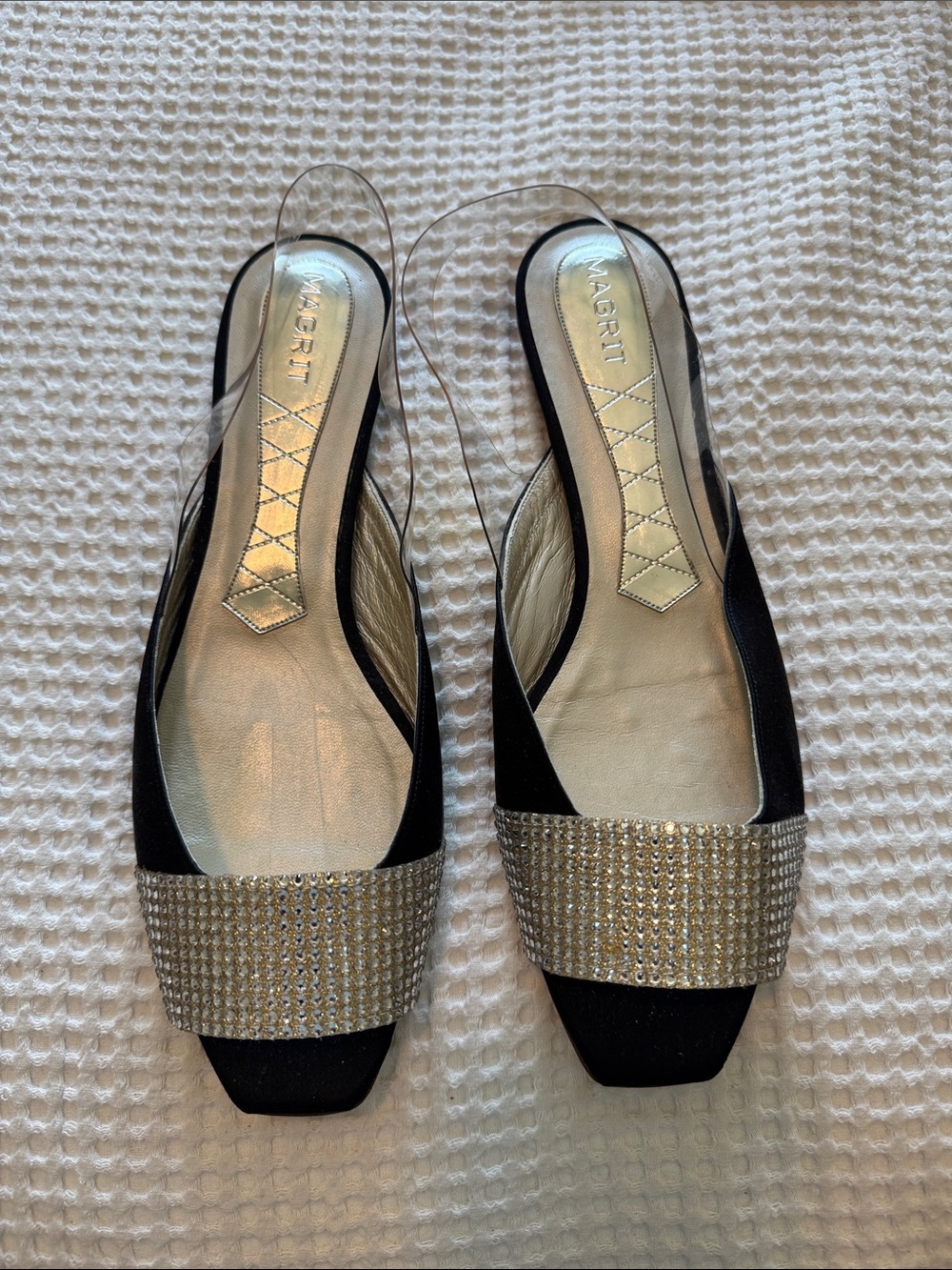 Magrit Spain Crystal Rhinestone PVC Slingback Flats Black Satin EU 40 US 9